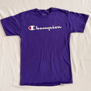 Champion Men Crew Neck Short Sleeves T-Shirt Unisex Purple Top Logo Cotton Small